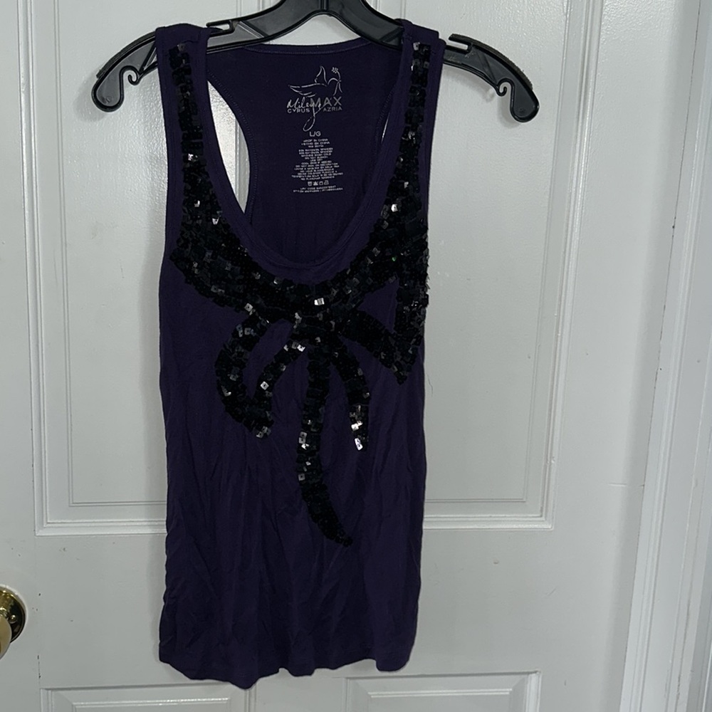 Purple Black sequin Miley Cyrus Max Azria tank top shirt bow detail Sz large